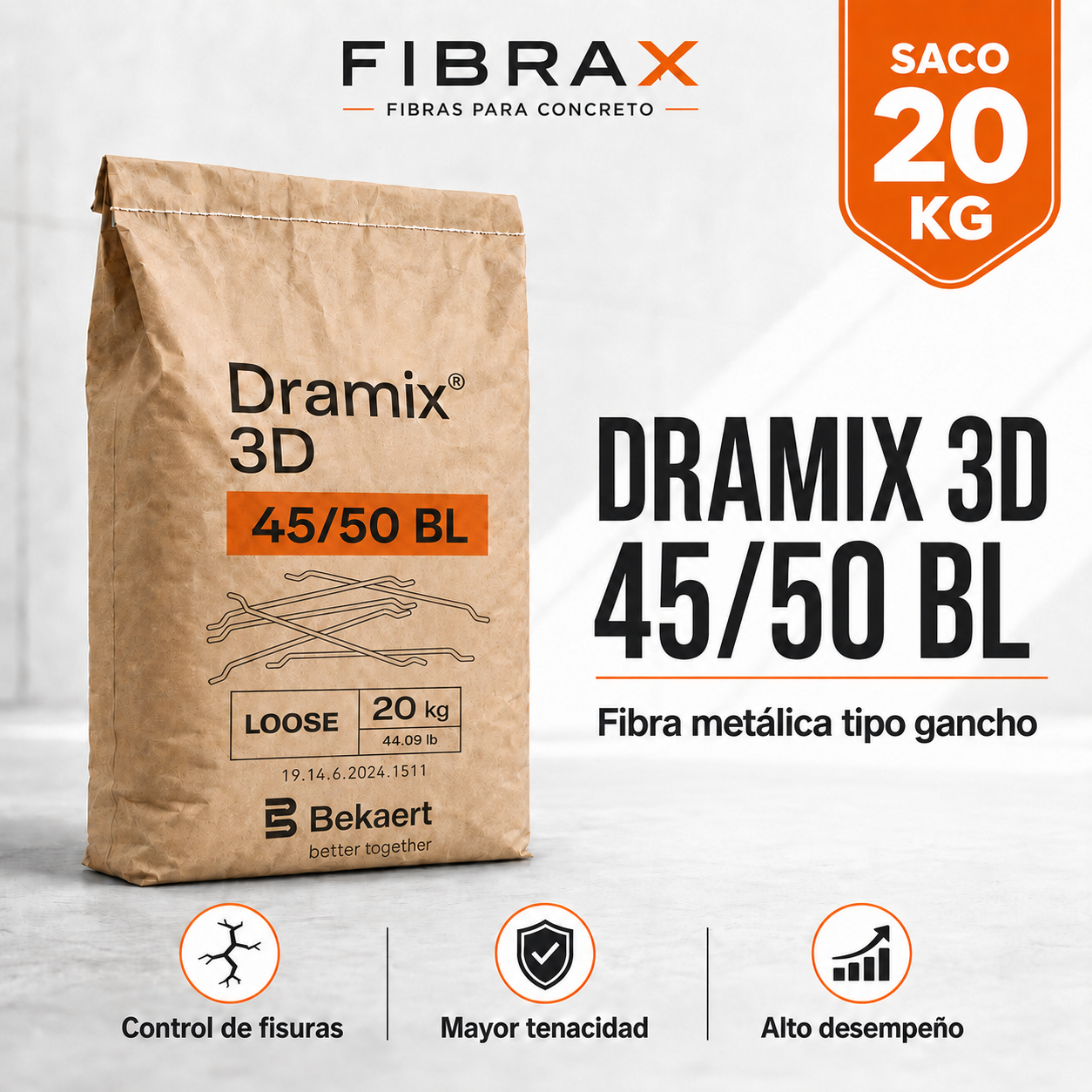 DRAMIX 3D 45/50BL - Saco 20 kg Fibra Metalica Tipo Gancho