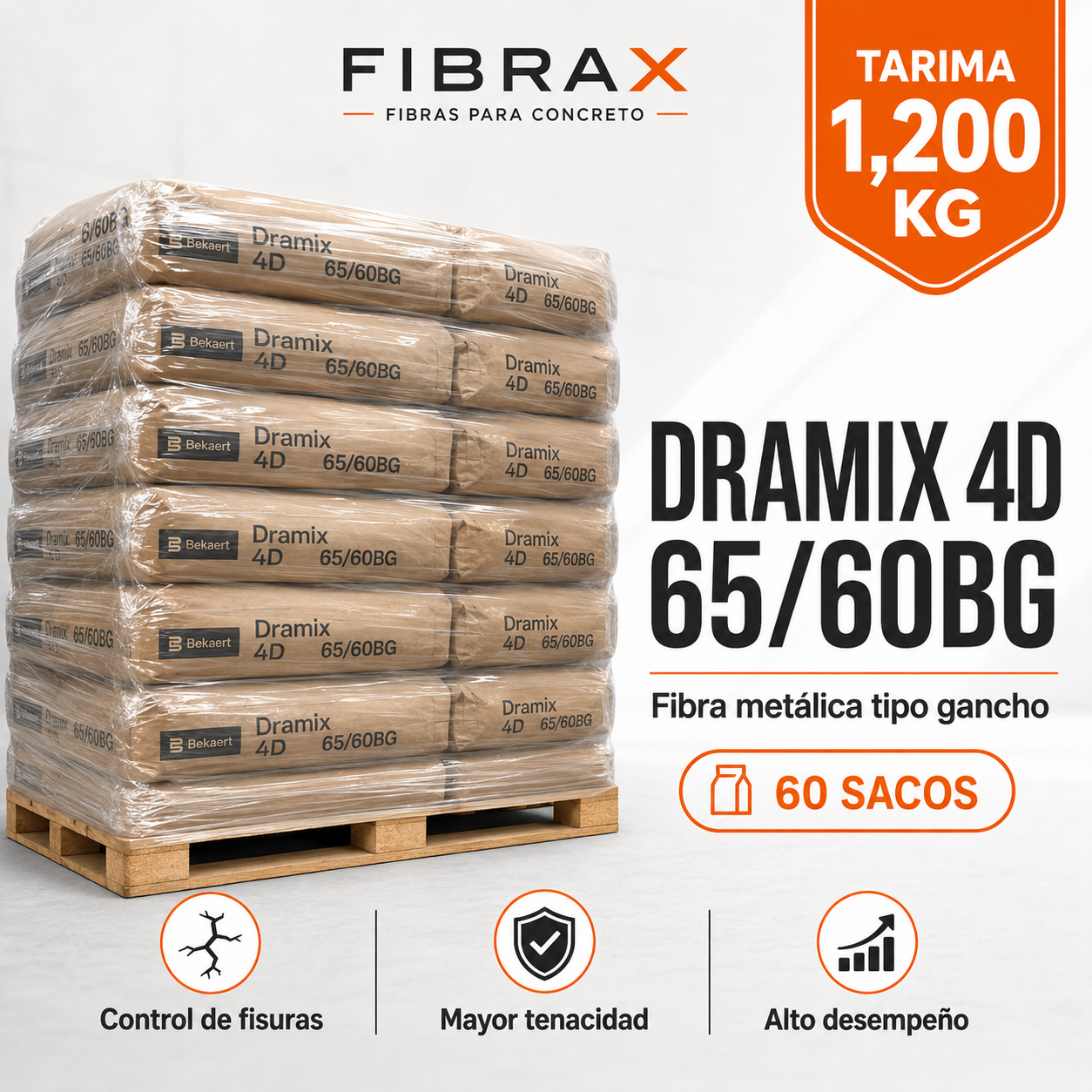 DRAMIX 4D 65/60BG - Tarima 1,200 kg (60 sacos) Fibra Metalica tipo Gancho