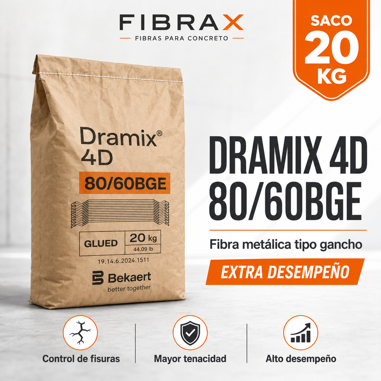 DRAMIX 4D 80/60BGE - Saco 20 kg Fibra Metálica tipo Gancho - Extra Desempeño