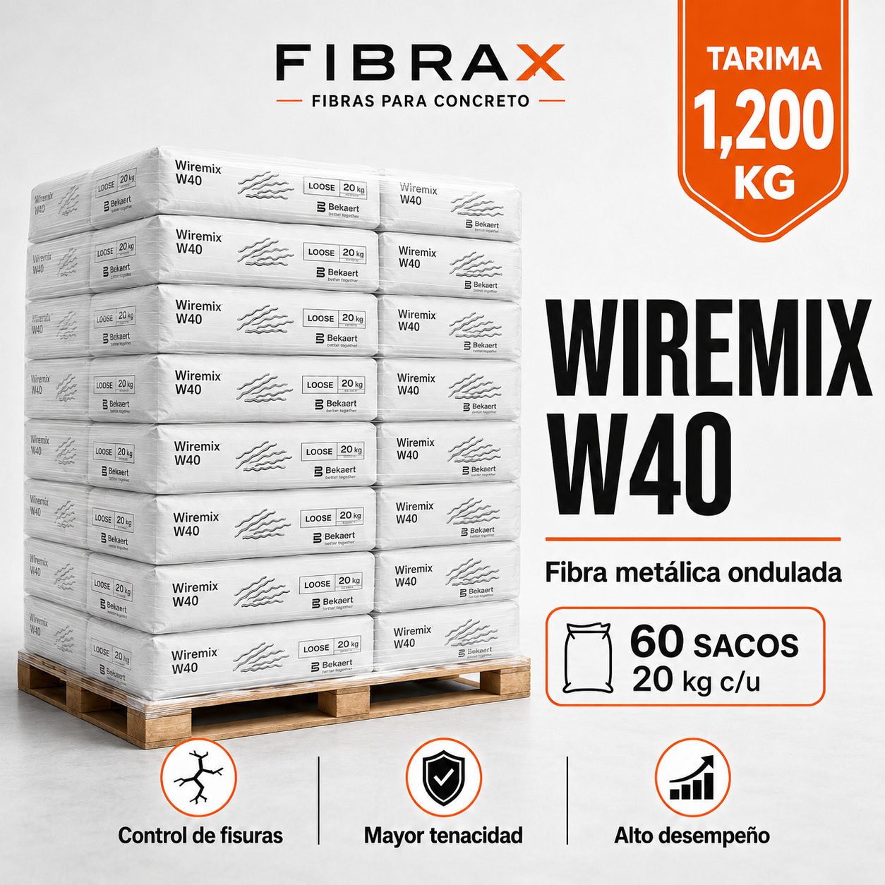WIREMIX W40 - Tarima 1,200kg (60 sacos) Fibra Metálica Ondulada