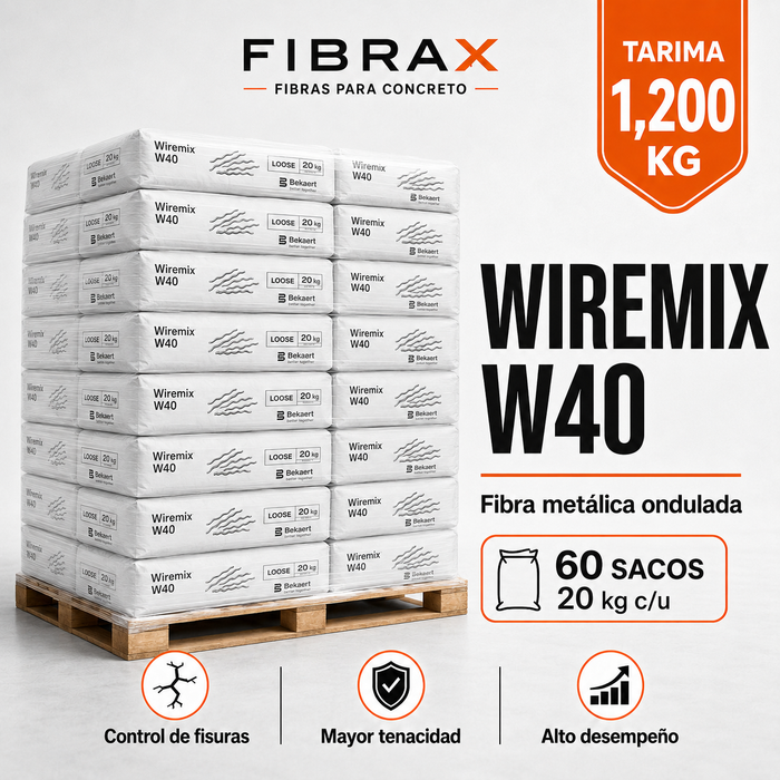 WIREMIX W40 - Tarima 1,200kg (60 sacos) Fibra Metálica Ondulada